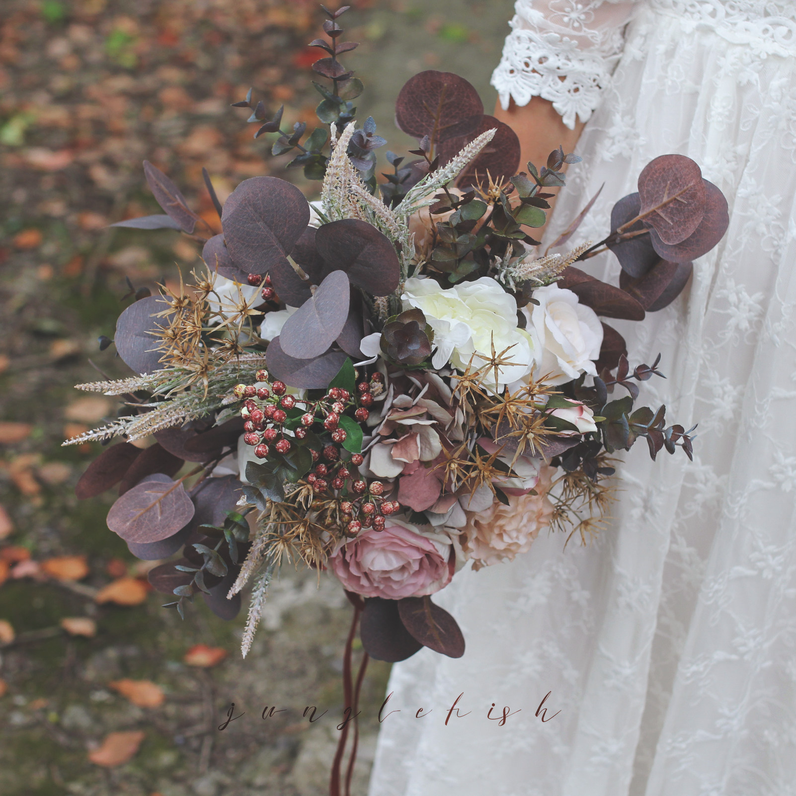 vintage复古色棕褐色新娘手捧花婚礼花球仿真花束旅拍道具