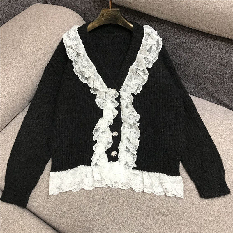 温柔蕾丝花毛衣粗线开衫针织拼接花边蕾丝软糯毛针织衫