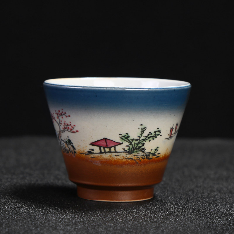 茶杯柴烧仿古杯窑手绘山水品茗陶瓷金陶普洱茶杯