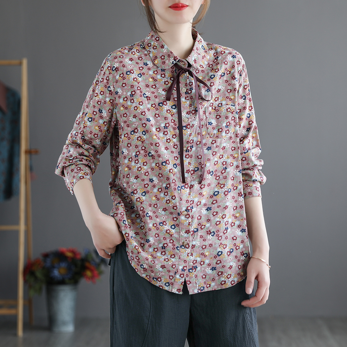 宽松系带领口棉纱双层松显新款女士衬衫碎花衬衫