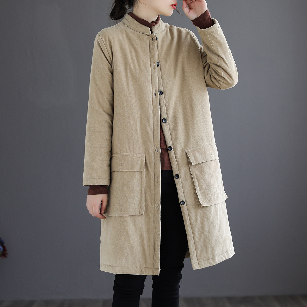 代勒原创灯芯绒纯色立领中长棉衣冬季新款文艺棉衣