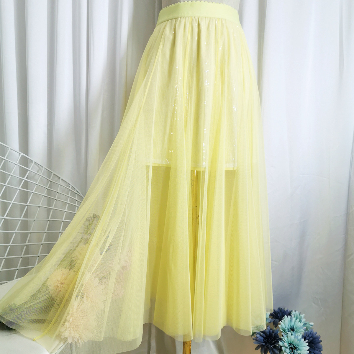 黄色半身夏季薄裙款纱裙百褶裙大摆亮片网纱垂感半身裙