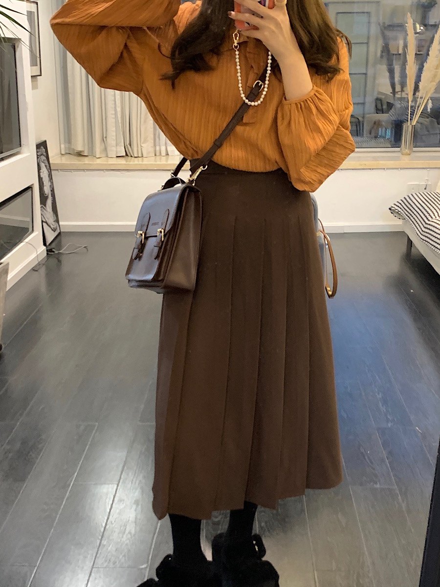 pinkmoon自制棕色复古百褶裙高腰字显学院中长半身半身裙