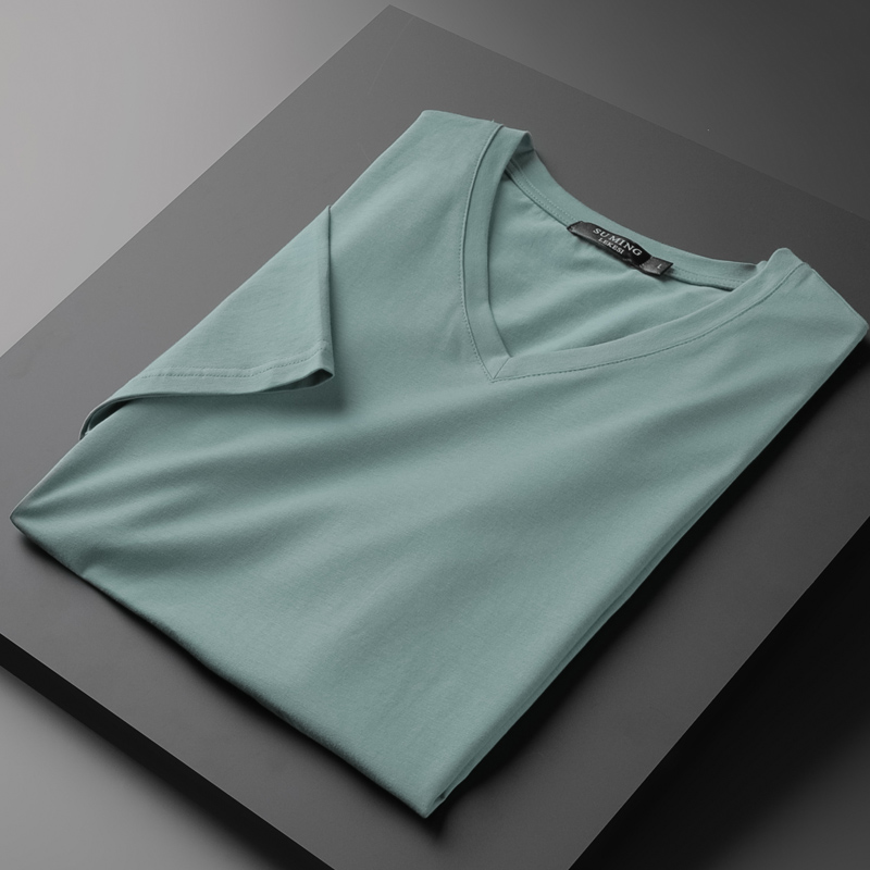 丝光棉纯色男士短袖t恤V领夏季半袖潮流鸡心领冰丝打底衫青年休闲