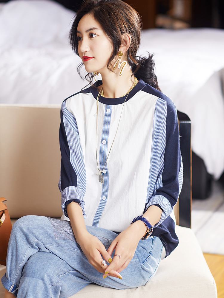 九月陌墨大码拼接衬衫女2021春新款撞色长袖圆领套头宽松百搭衬衣