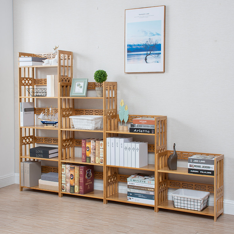 楠竹书架置物架可移动雕刻书架仿古现货简约学生儿童放书柜带滑轮