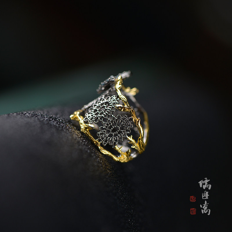 儒匪窝意大利工艺巴洛克银鎏18k金镶嵌镶嵌伦敦蓝晶戒指