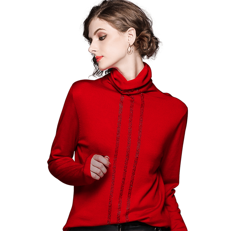 红色毛衣女士早秋堆堆高领水钻欧货重工亮片洋气上衣打底针织衫薄