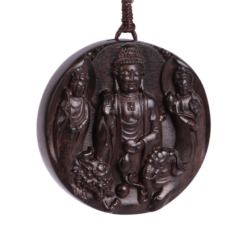 木雕西方三圣檀木挂件神像佛像吊坠阿弥陀佛饰品木雕