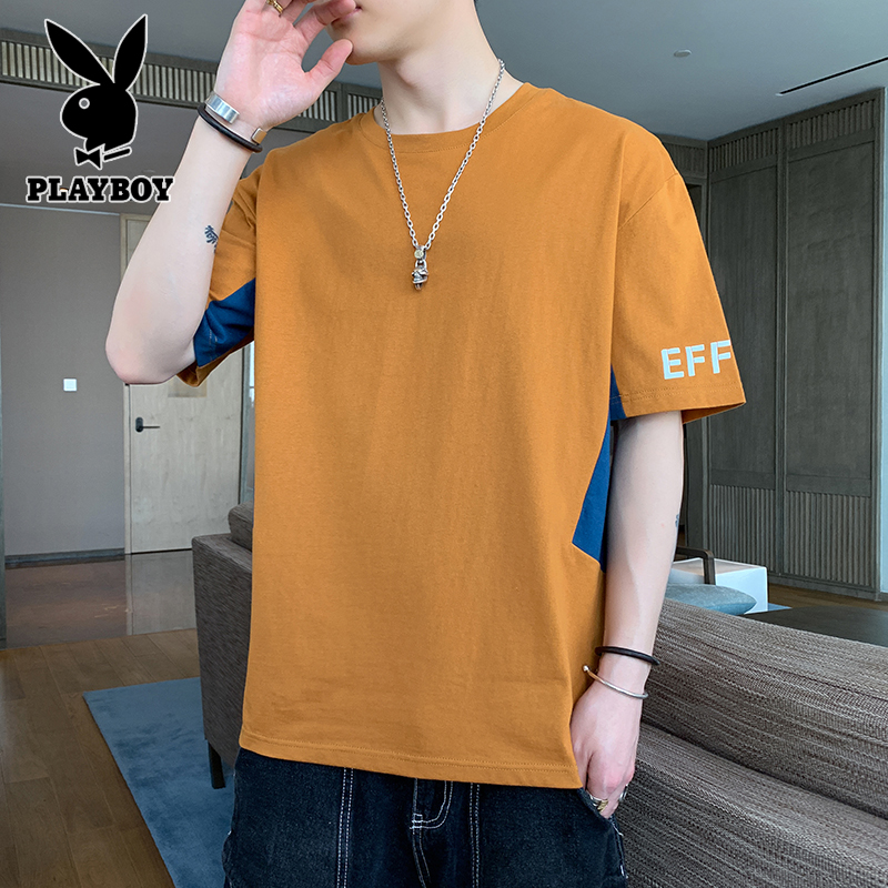 花花公子纯棉短袖橙色t恤男士夏季薄款潮牌韩版潮流宽松半袖上衣