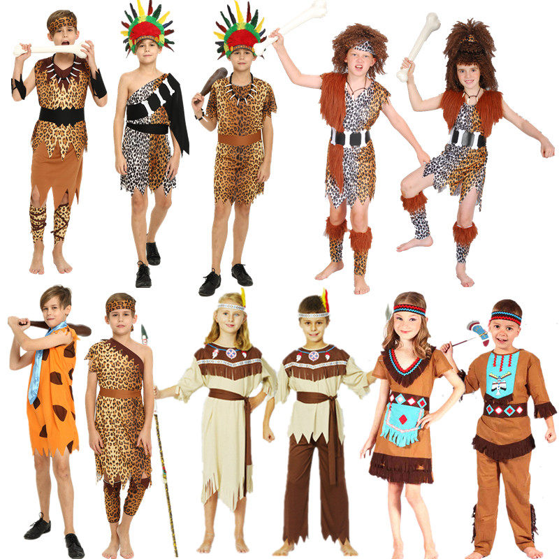 儿童野人表演服装 原始人印第安族人衣服 非洲部落野人猎人演出服