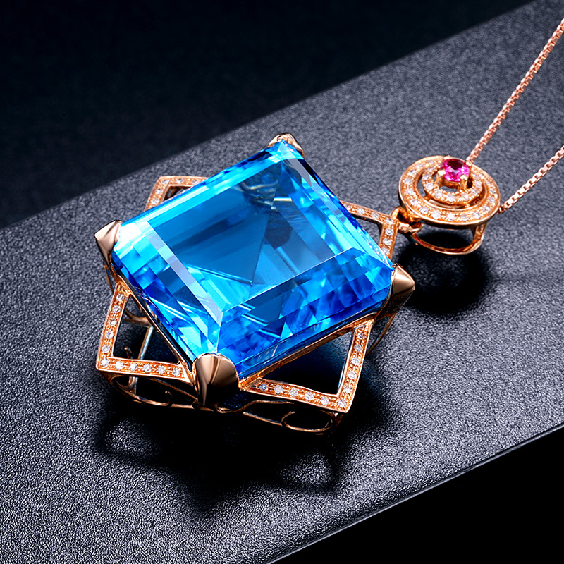 欧采蓝色托帕石宝石吊坠项链18k玫瑰气质简约轻奢颈饰