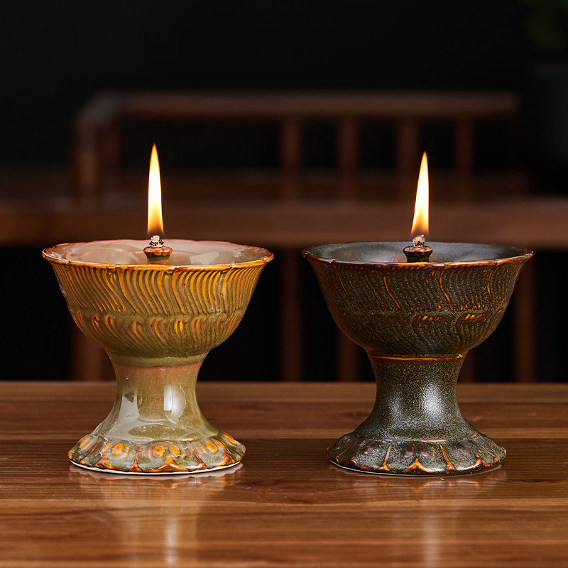 油灯陶瓷长明灯酥油复古供佛香油古代灯座佛灯烛台