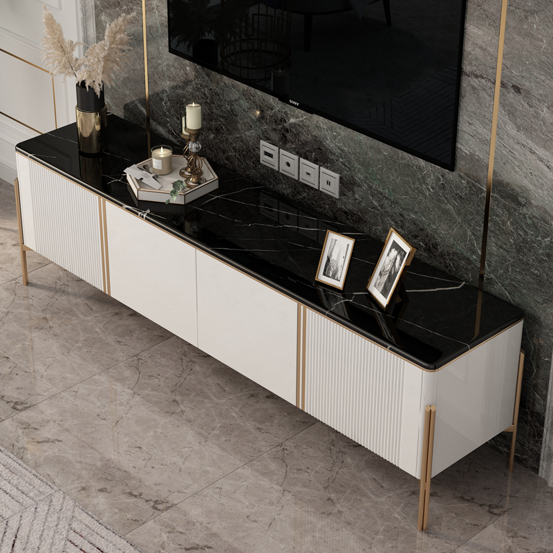 轻奢大理石电视柜茶几组合实木黑白白色台面天然电视柜