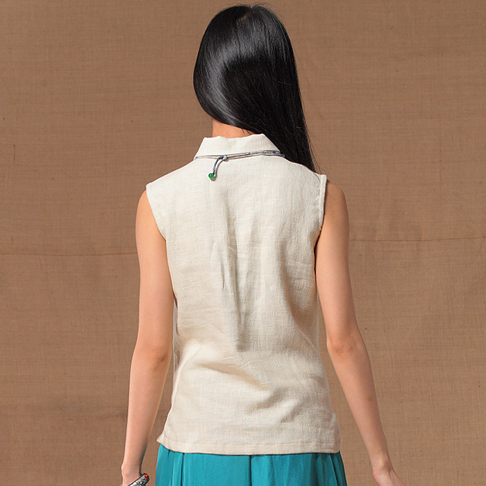 采桑扣显襟盘领斜娃娃纯色打底原创衬衫无袖衬衫