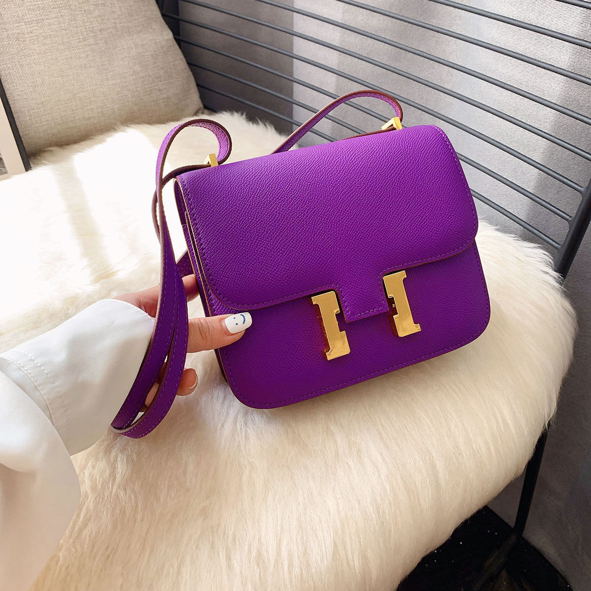 康康斜挎包小方包小方豆腐box包紫色包包女紫色空姐马鞍包