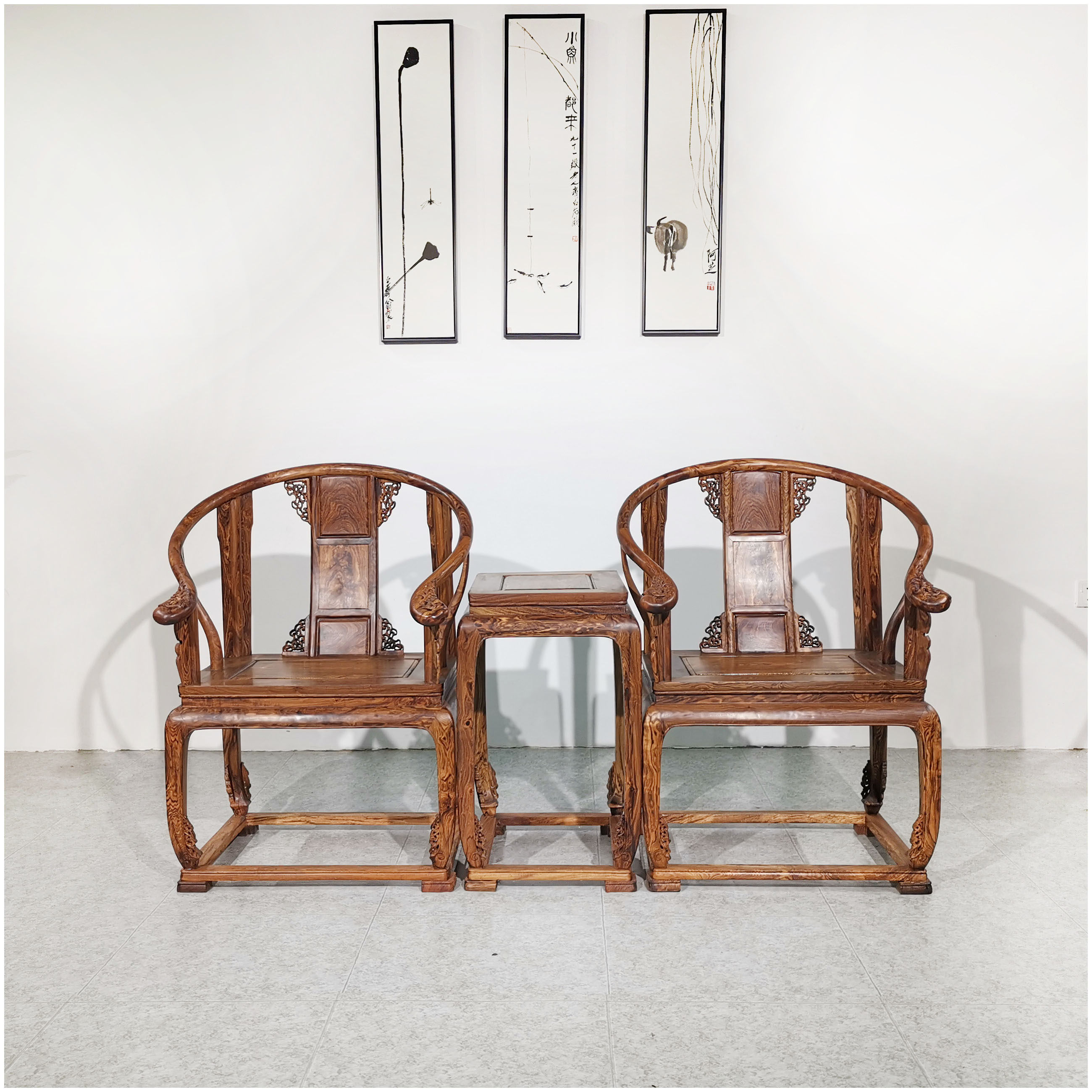 大叶黄花梨皇宫三件件套仿古斑木休闲椅茶几整装圈椅