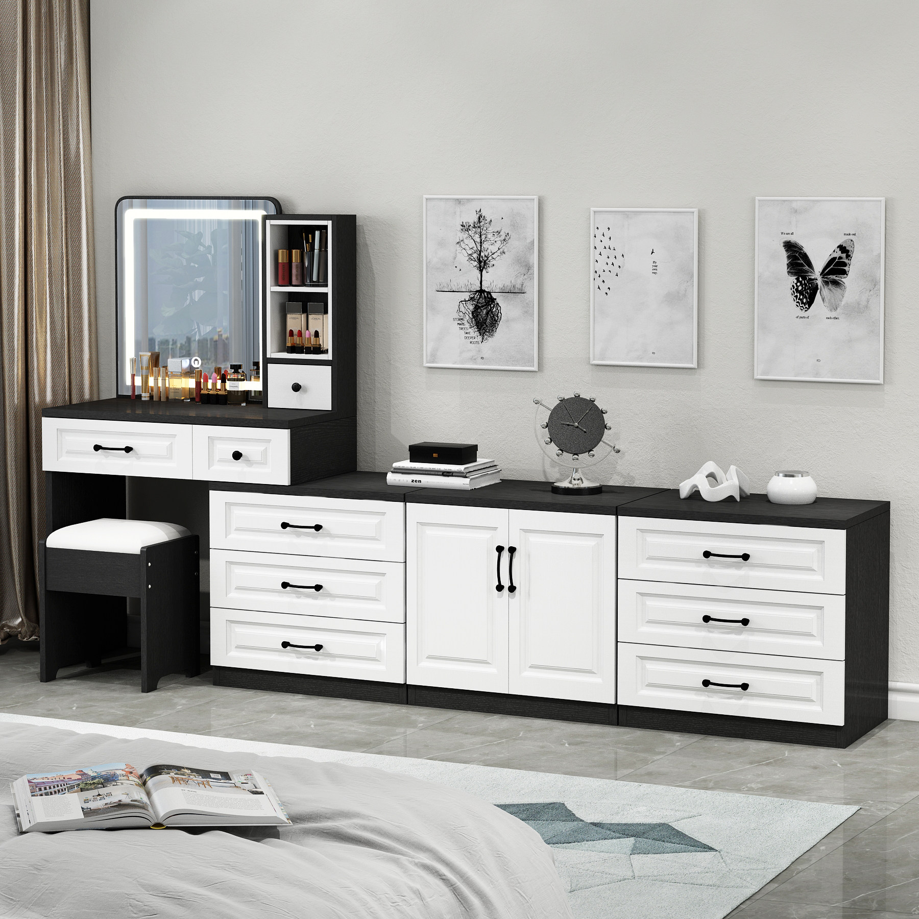 梳妆台多功能收纳一体带灯化妆台现代简约卧室化妆电视柜梳妆台