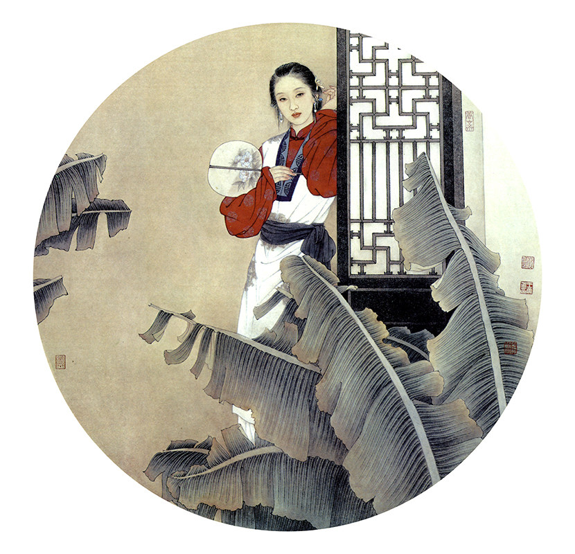 底稿王美芳实物图样线稿临摹仕女国画白描团扇国画