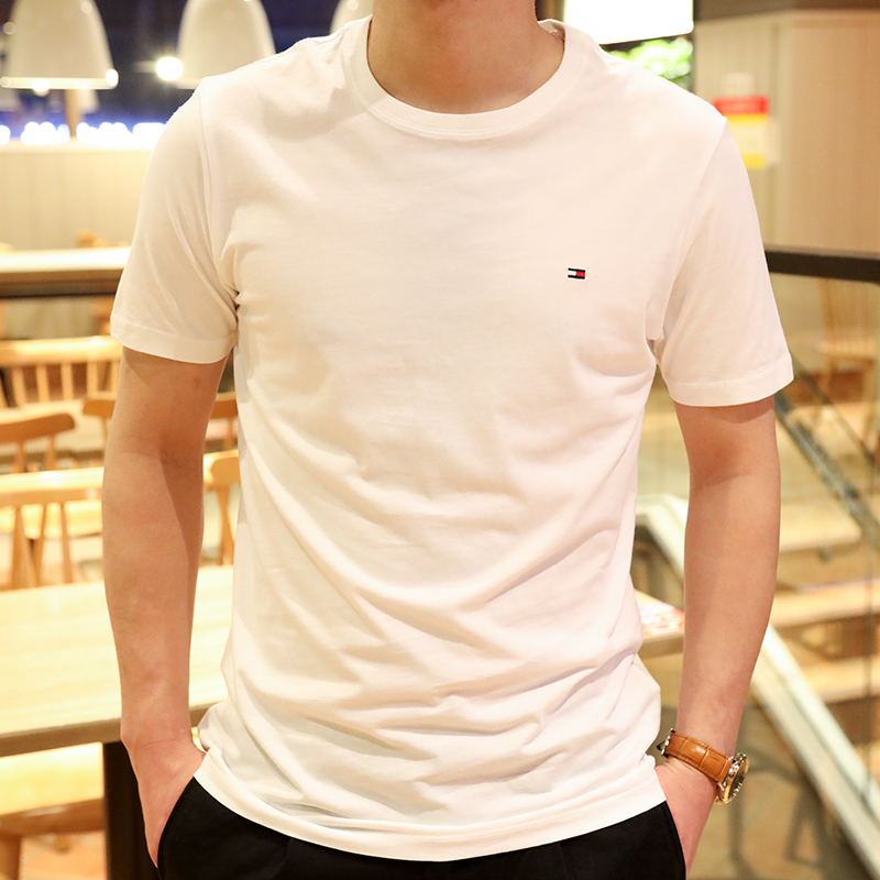 特价美国夏季新款男士汤米短袖T恤修身纯棉白色打底衫上衣特价