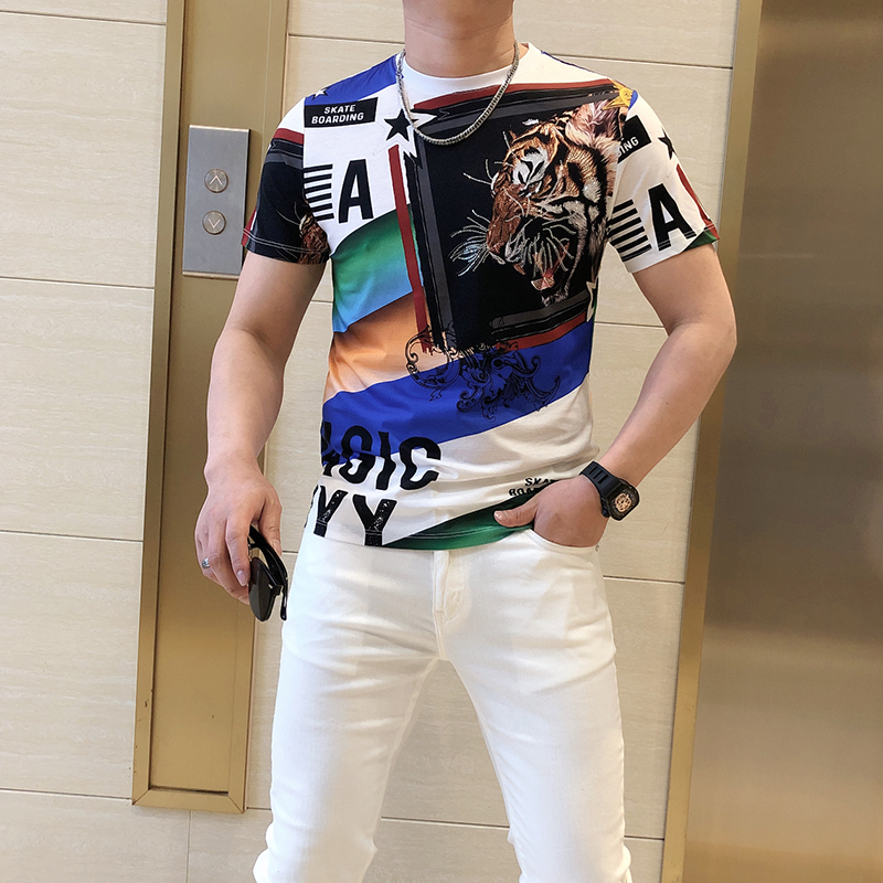 欧货2022夏季新款潮牌时尚ins网红老虎头印花烫钻修身男士短袖t恤