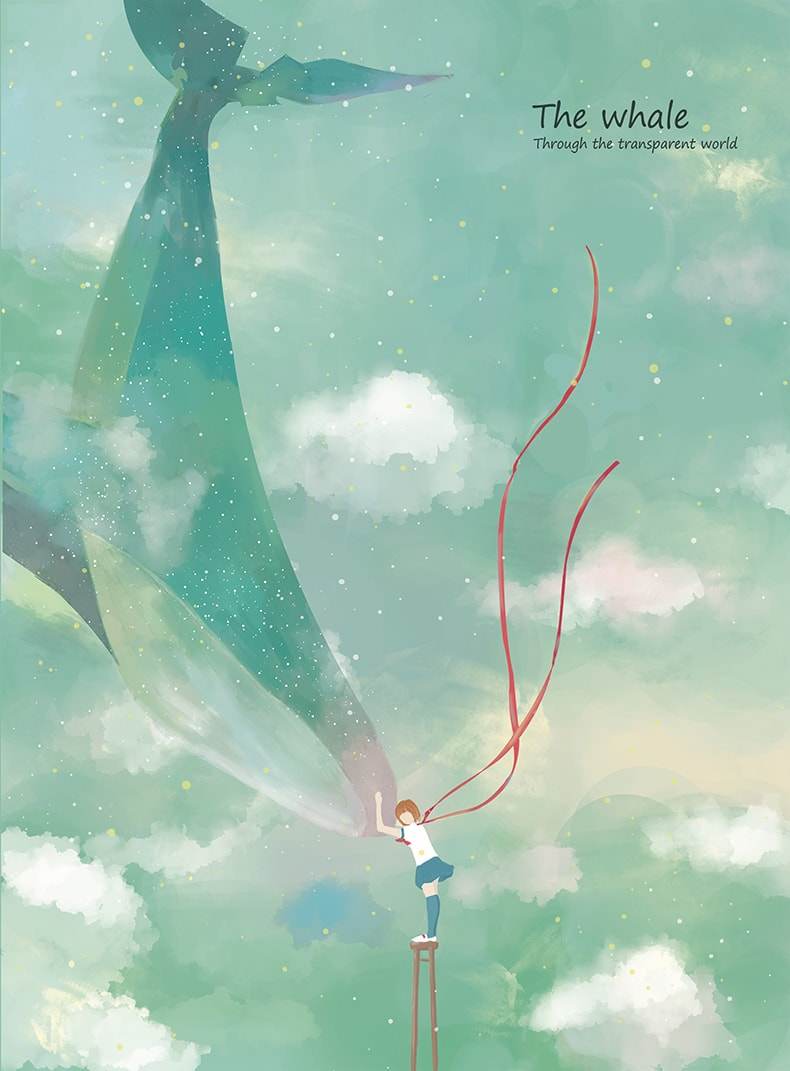 唯美鲸鱼天空女孩插画画艺术梦幻壁纸星空海洋设计素材