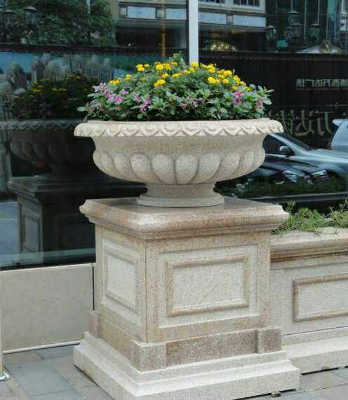 花盆大理石石头花坛庭院别墅雕塑制品石雕花黄锈石大理石制品