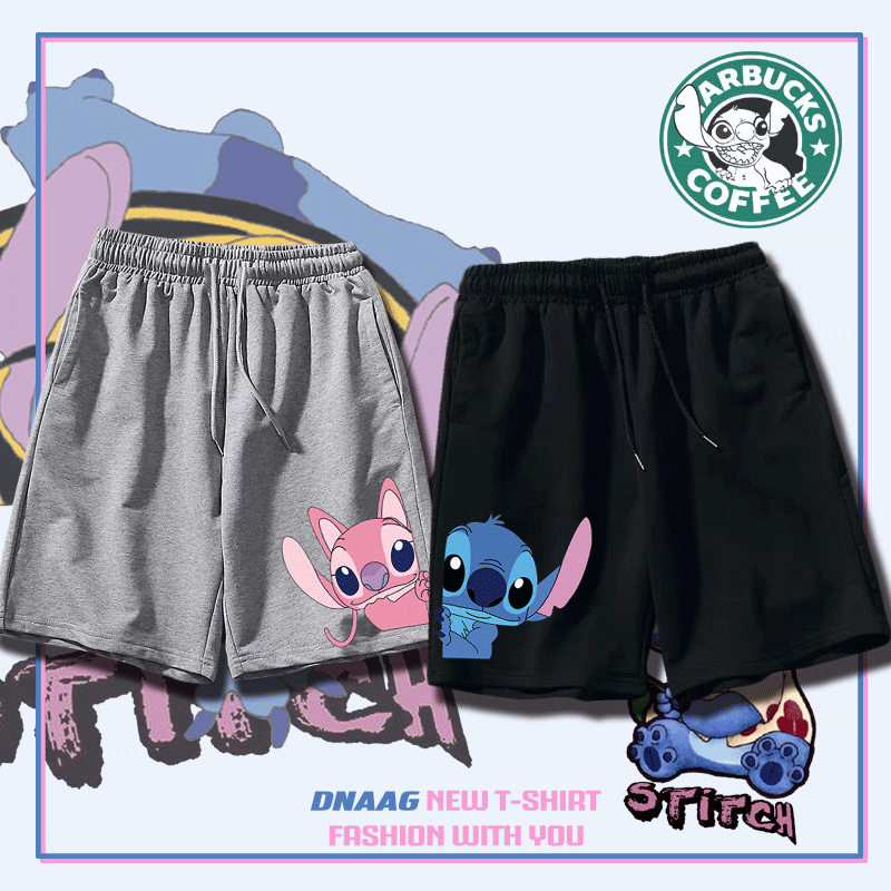 时尚史迪仔安琪纯棉短裤日系ins原宿宽松透气潮闺蜜情侣装五分裤