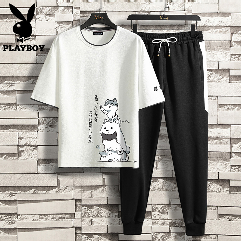 花花公子夏季套装男潮牌休闲衣服纯棉男装一套夏装青少年短袖t恤T