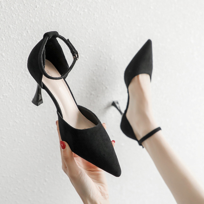 高跟鞋女细跟5cm2022新款百搭夏性感礼仪尖头黑色职业中跟单鞋潮