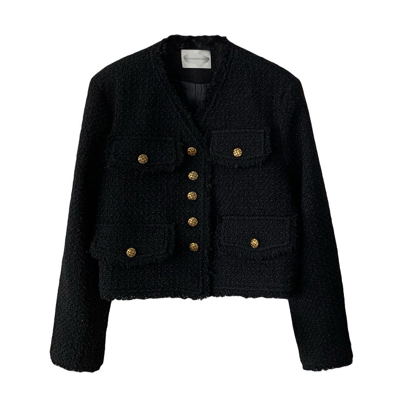 黑色小香风外套女2022年秋冬新款流苏高级感粗花呢子夹棉加厚大衣