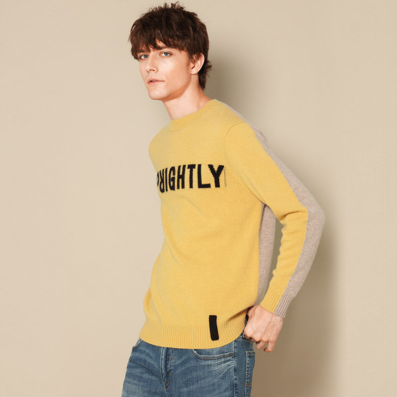 皮皮狗新款男士针织羊绒衫字母撞色拼接休闲宽松针织衫