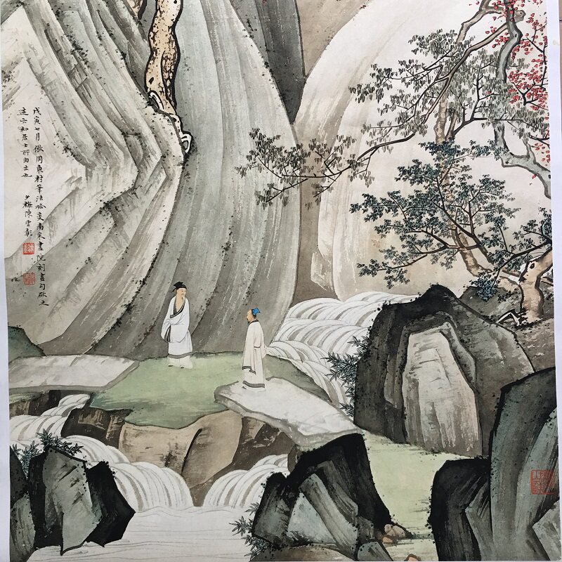 陈少梅游山听泉中式挂画人物山水国画真迹微喷国画