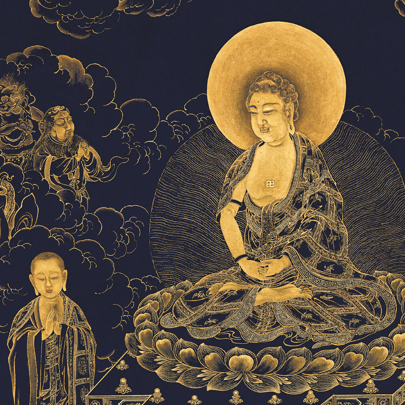 丁关鹏无量寿佛复古书画描金佛像国画真迹微喷国画