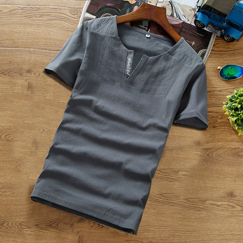 QZQ夏季亚麻薄款短袖男大码宽松棉麻T恤衫中国风复古刺绣上衣潮男