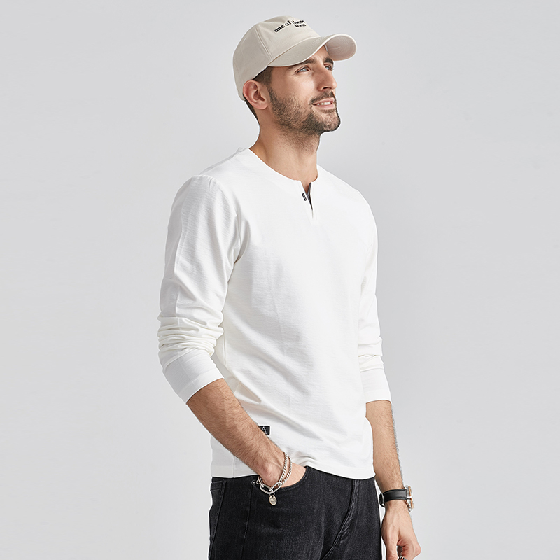 230g40支精梳长绒棉 秋季上衣修身打底衫春秋白色v领长袖t恤男