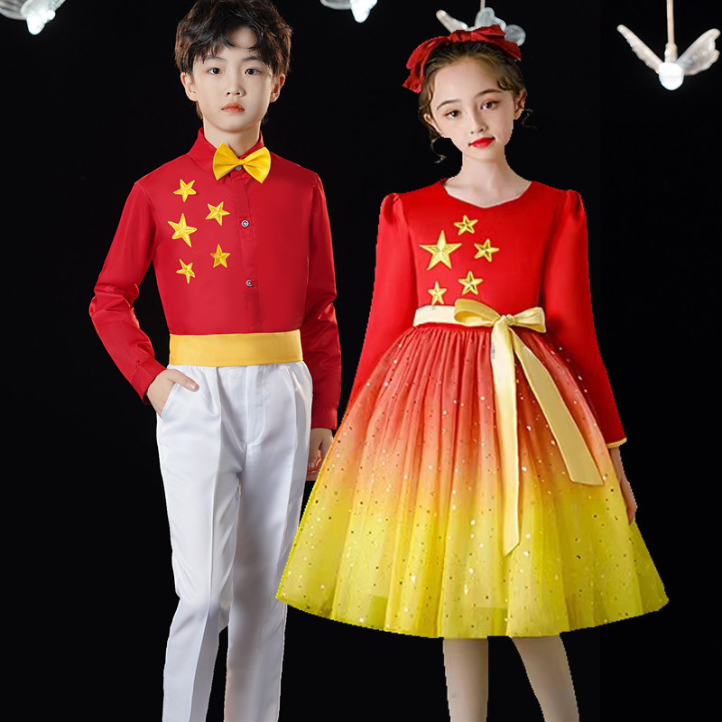 中国国风儿童演出服红色幼儿舞蹈万疆红表演中小学生儿童演出服
