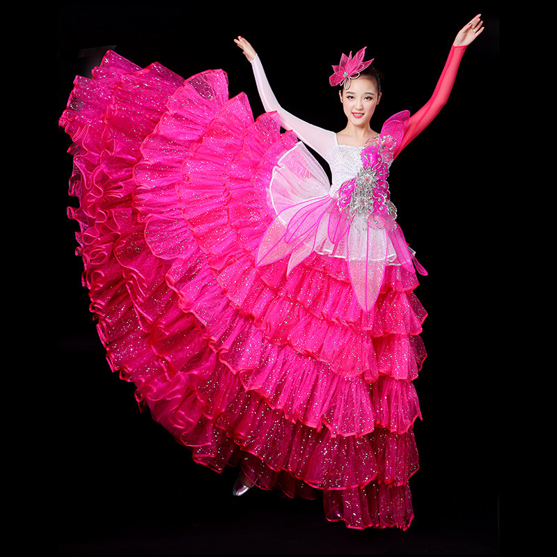 开场舞2020新款大摆裙花瓣连衣长裙大气现代舞台演出服合唱表演服