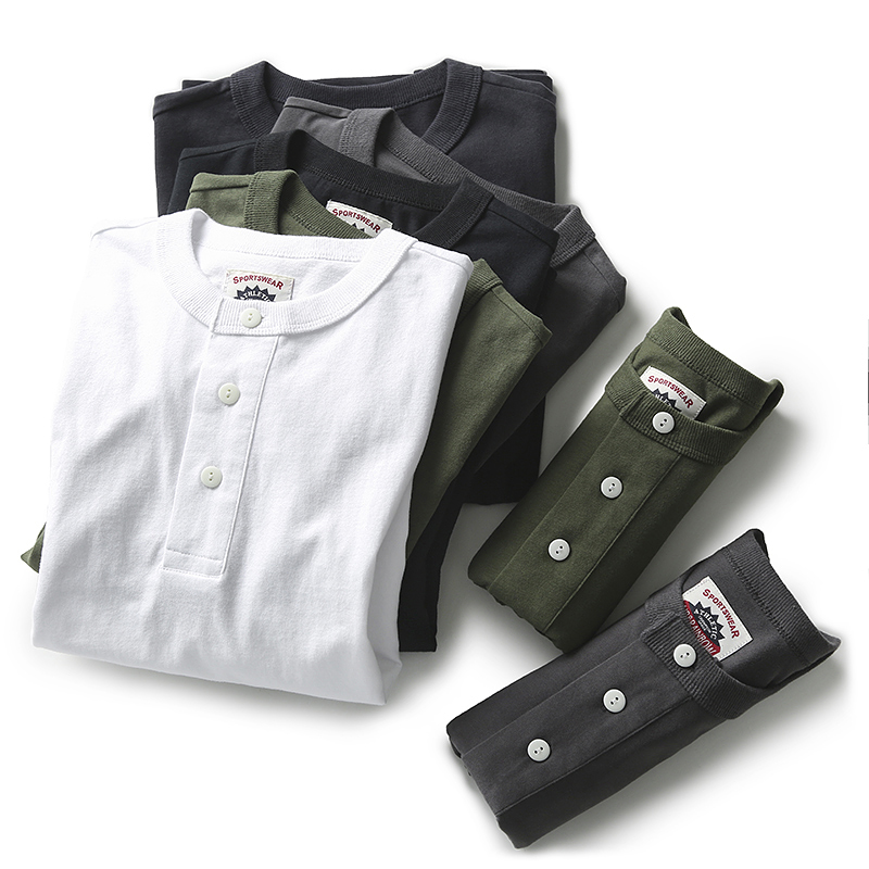 高克重水洗棉！美式！夏季新品男士纯棉亨利领复古休闲短袖T恤潮