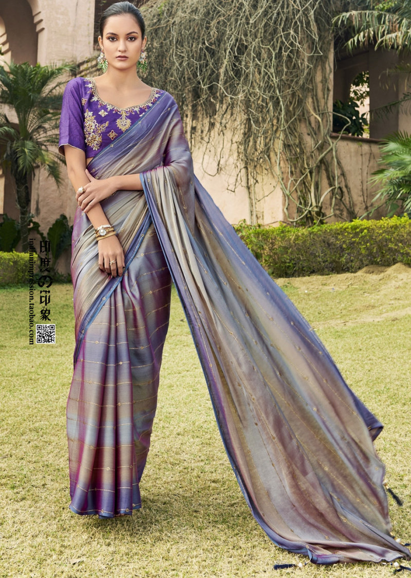 2020春夏新款印度纱丽雪纺烫金条纹民族风莎莉民族服装