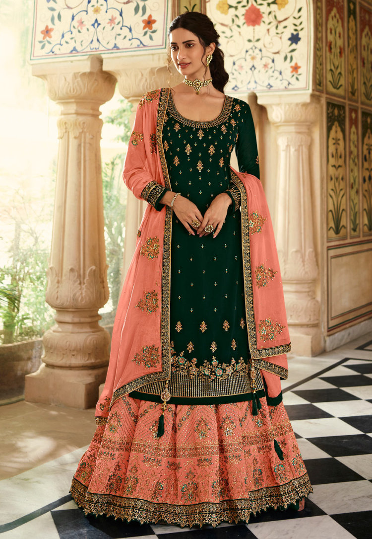 高档民族风金线刺绣绿色楞哈三件套印度传统服饰2022春季女装定制