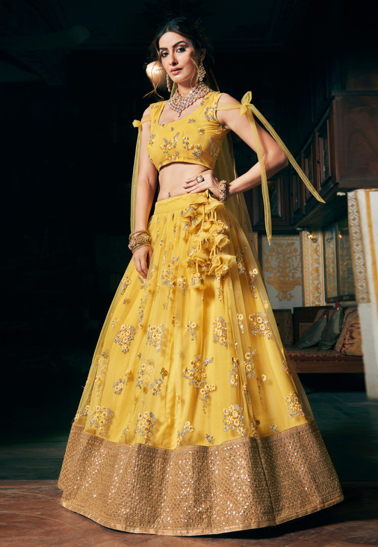 印度民族风女裙三件件套楞哈聚会婚礼礼服黄色民族服装