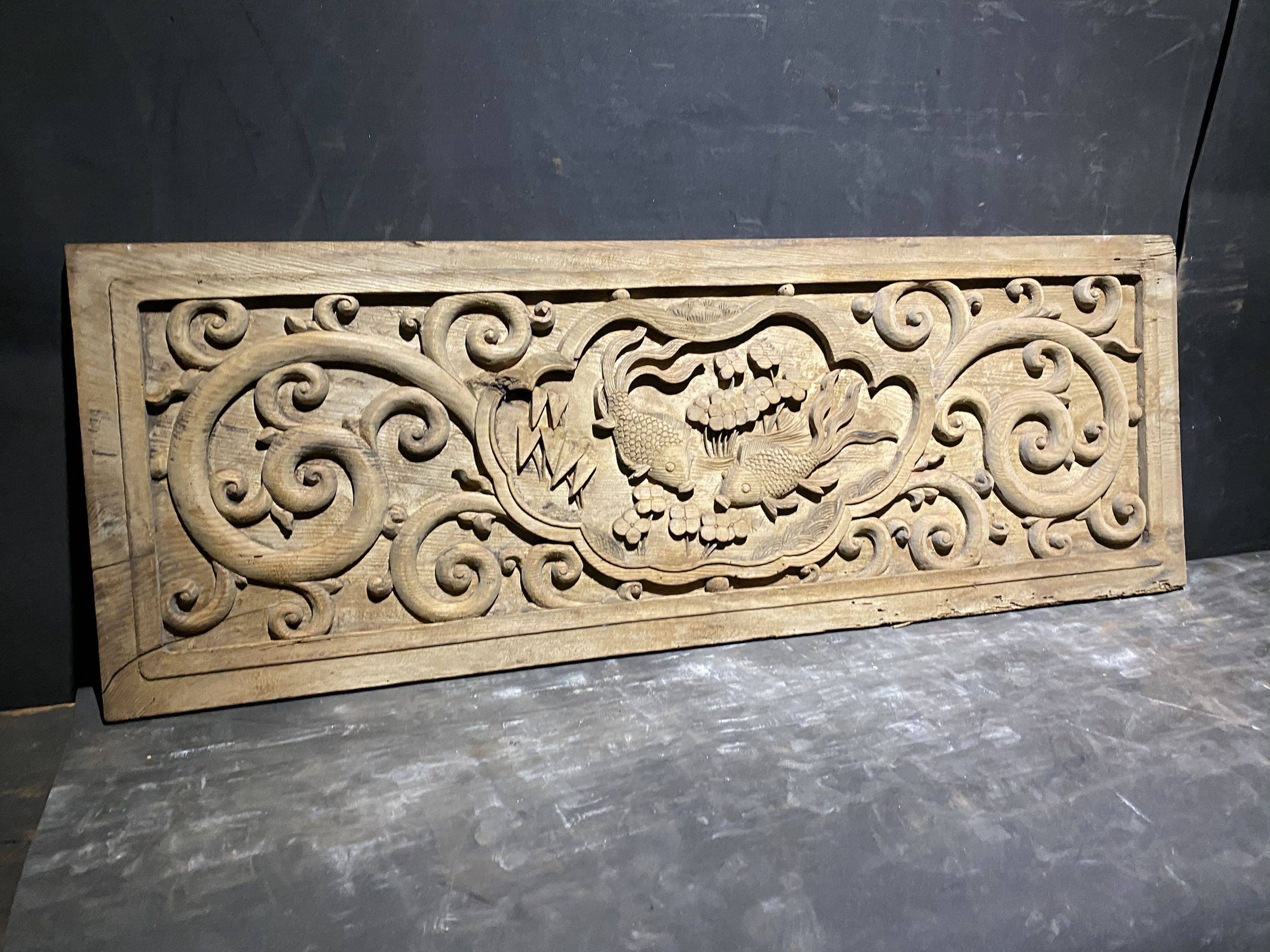 木雕清代浮雕金鱼水草纹老一块物件古玩古董通花板