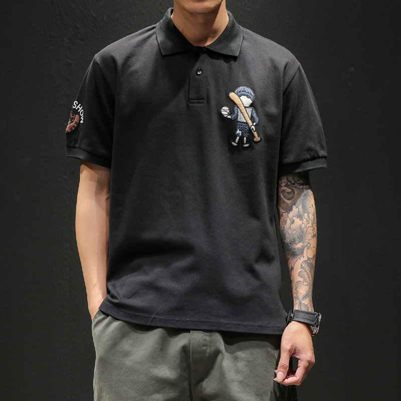 Polo衫男士潮牌潮流宽松翻领上衣服2022夏季日系大码刺绣短袖t恤