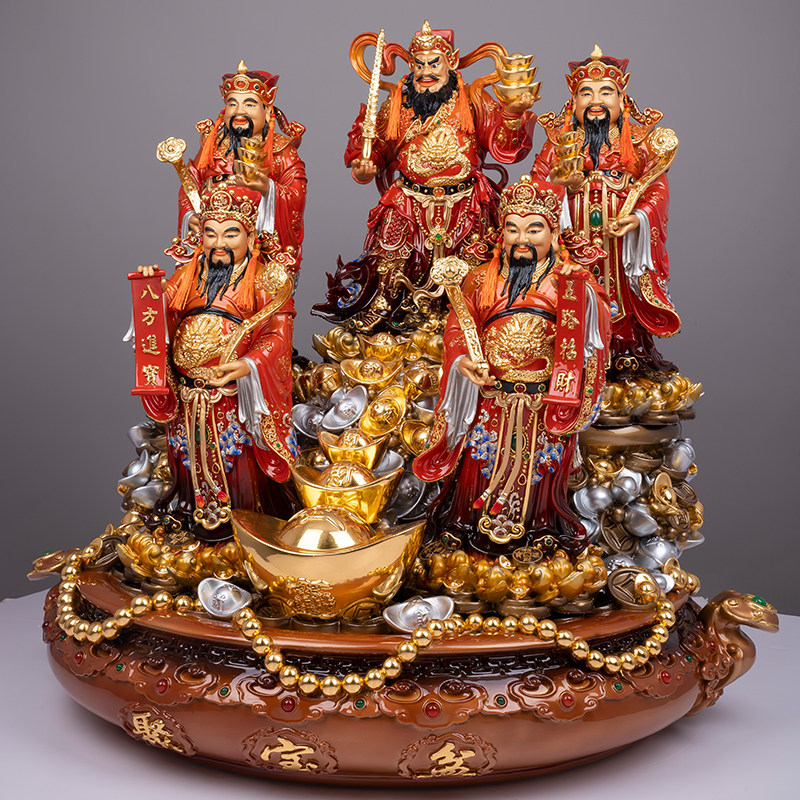 招财纯铜彩绘财神爷五路财神聚宝盆神像铜像家用装饰摆件