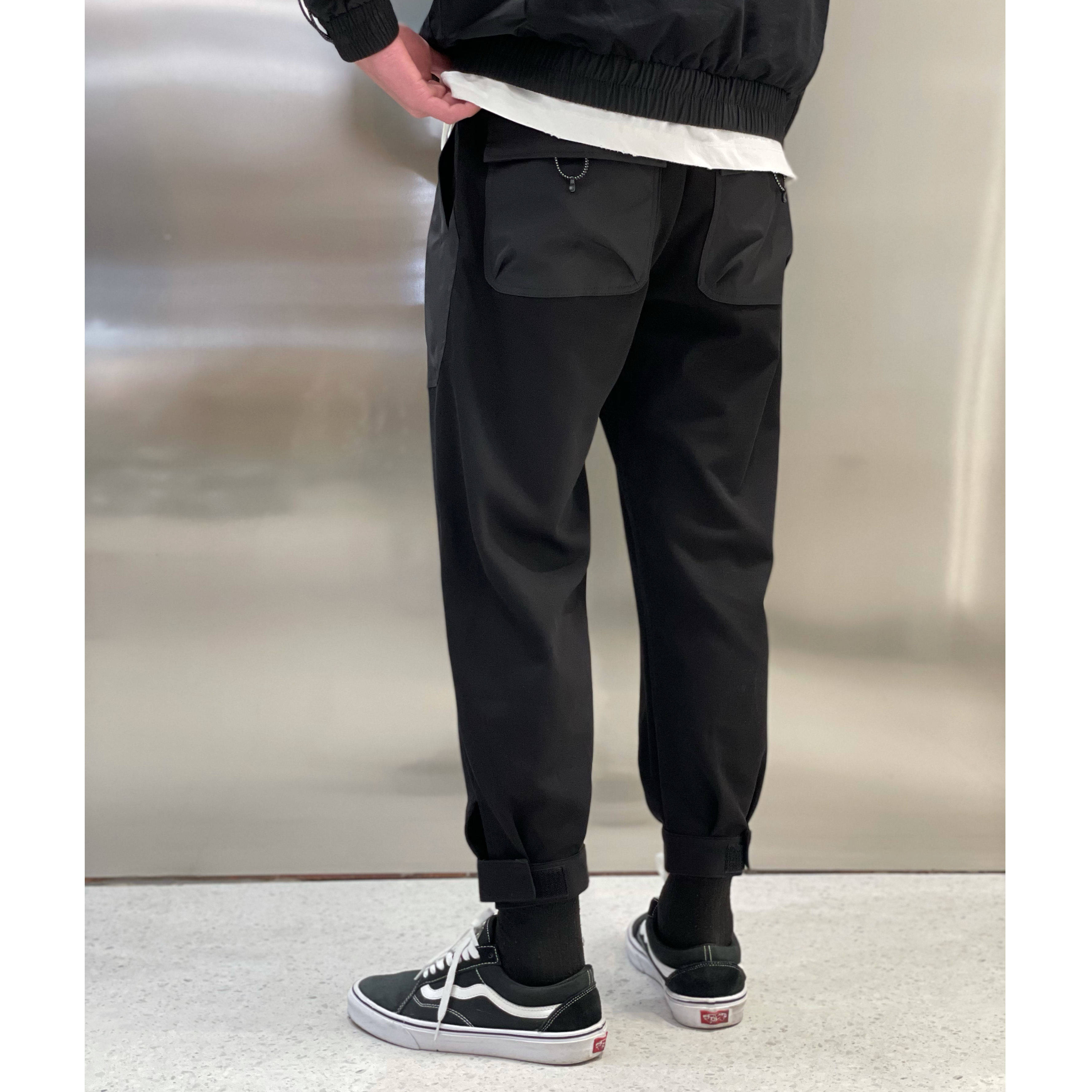 春夏新品拼接设计黑色运动束脚休闲裤宽松九分休闲裤