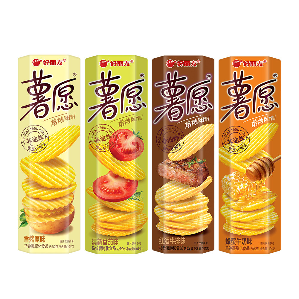 好丽友薯愿薯片104g*4盒非油炸焙烤薯条办公室休闲零食小吃四口味