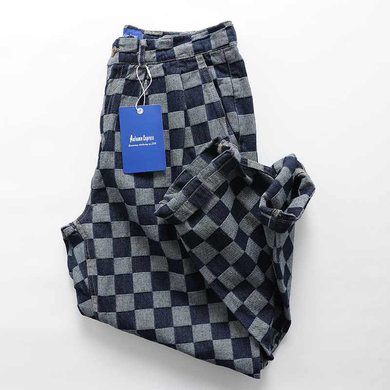 色织格子 日单外贸男装复古水洗宽松牛仔裤 男时尚休闲哈伦牛仔裤