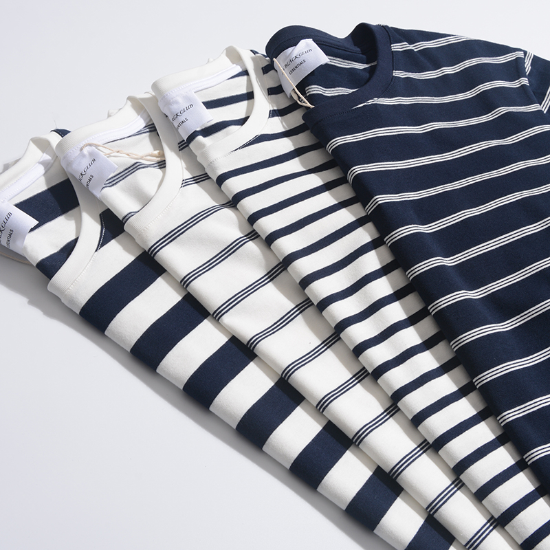日系外贸条纹海魂衫夏季百搭圆领短袖T恤衫男 弹力半袖打底衫男潮
