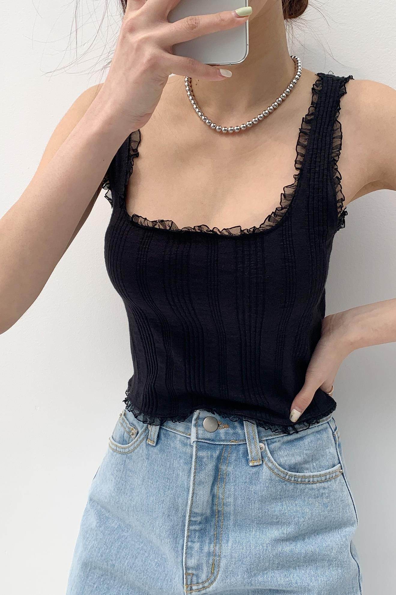 韩国方领上衣小清新背心吊带修身纯色花边东大门背心吊带